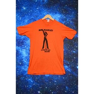 Vintage Bob Marley Shirt Mens‎ Small Orange Lives In My Heart Graphic Reggae Tee